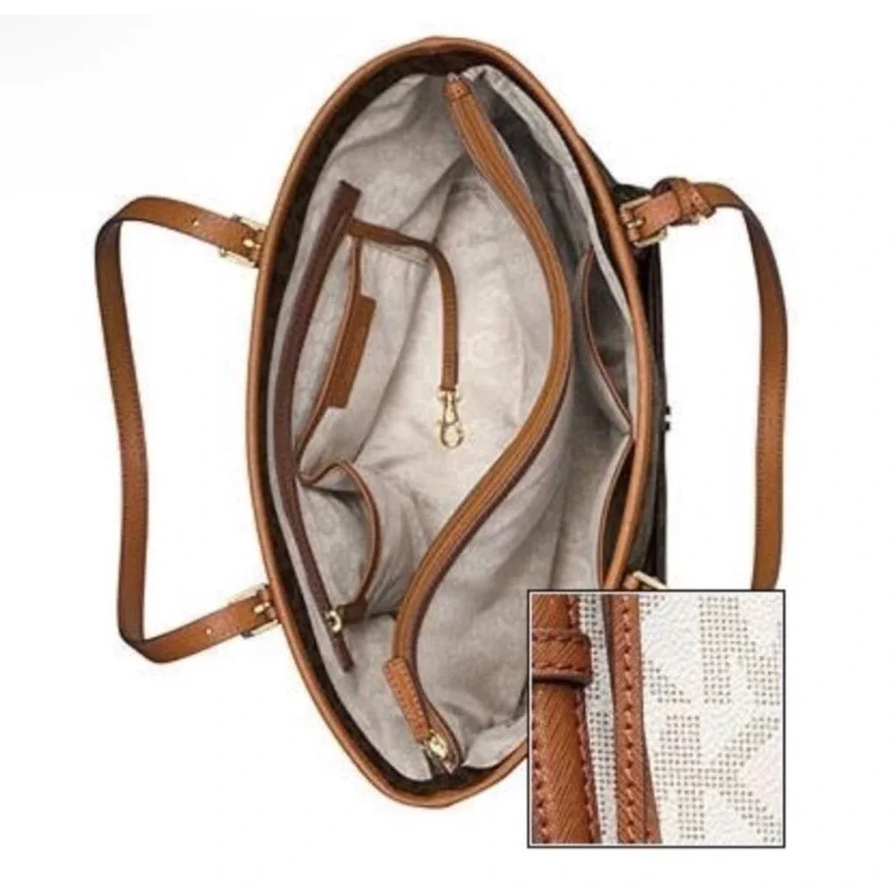 Michael Kors Vanilla MK Signature Logo Jet Set Tote Bag Brown Leather Straps NWT - Picture 2 of 13